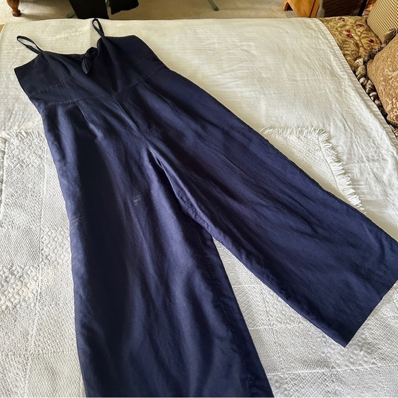 J. Crew Jumpsuit Navy Blue Linen Cotton Tie Front Wide Leg L6968 size 14 - Picture 7 of 16